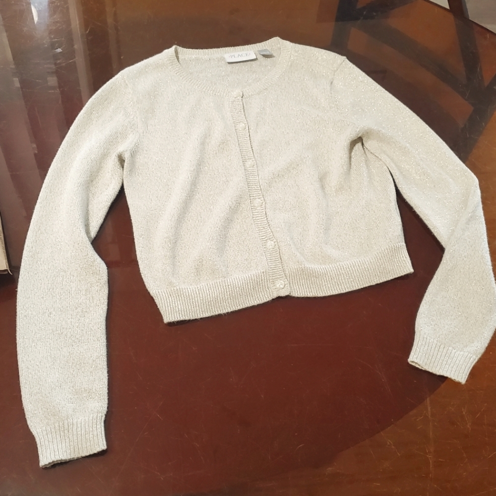 Place girls size 10/12(L) gold sparkle button down cardigan,  ribbed edges